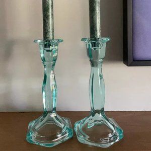 Vintage Iridescent Robin Egg Blue Glass Candlestick Holders